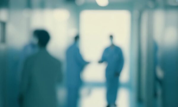 A blurry image of a group of people in a hospital hallway. The people are wearing blue scrubs and appear to be in a hurry. Scene is tense and urgent