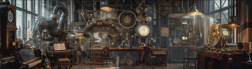 Steampunk time machine in a Victorian workshop, intricate gears, brass instruments, moody lightingHighly details , 8K