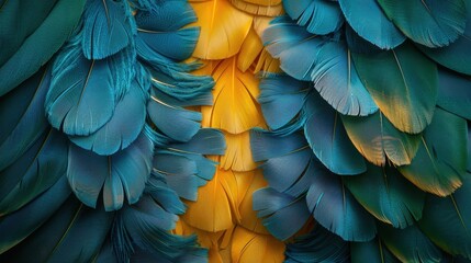 Closeup of colorful blue and yellow bird feathers for natureinspired backgrounds
