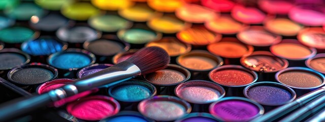 Naklejka premium Vibrant Eye Shadow Palette with Cosmetic Brushes, Rainbow Colors