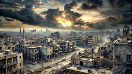 Obraz premium Cityscape destroyed by war. The sky looks gloomy,