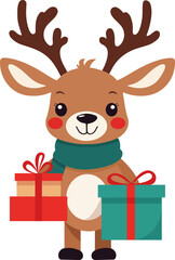 Cute deer with presents. Vector children's illustration with forest winter animal. Reindeer with gifst. Postcard, print for clothes, printing. White isolated background.