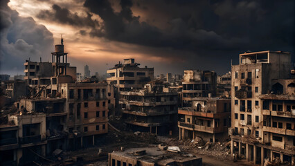 Obraz premium Cityscape destroyed by war. The sky looks gloomy,