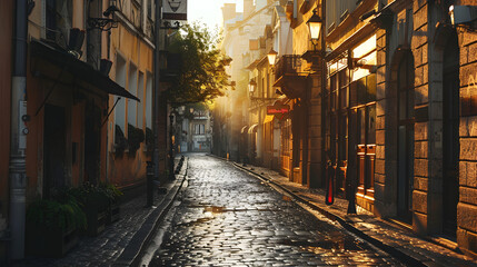 Fototapeta premium Historic City Street: A charming historic city street with cobblestone pavement, old buildings, and street lamps. The setting should evoke a sense of history and nostalgia.