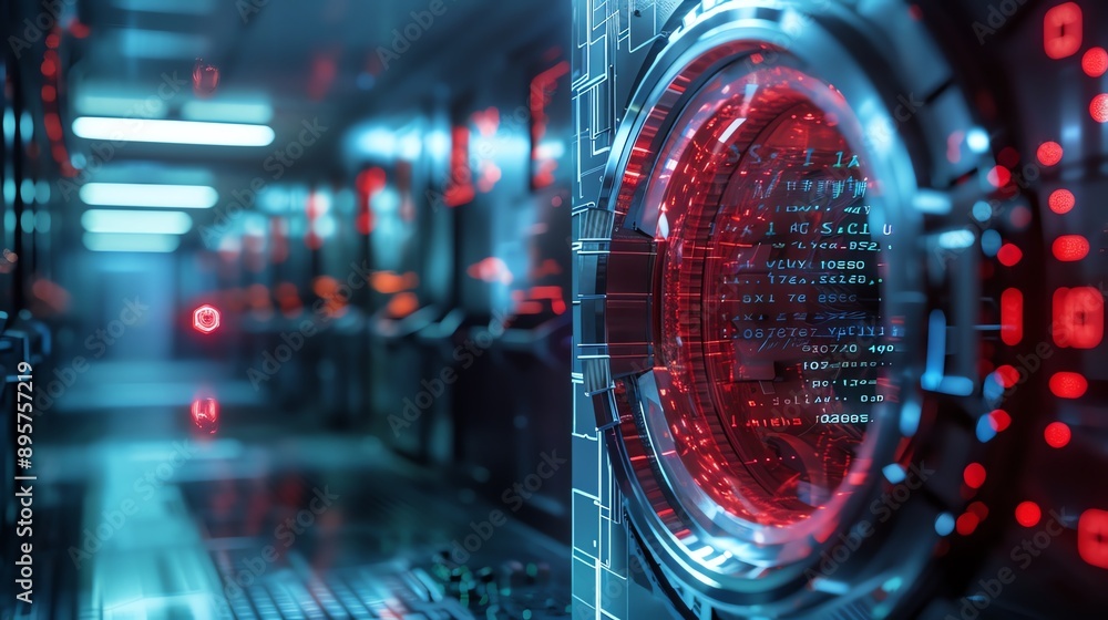 Poster futuristic data center with advanced technology. glowing blue and red lights highlight the modern hi
