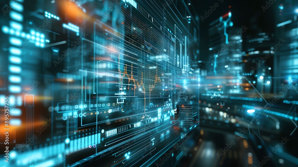 Poster futuristic digital data flow in a cityscape with glowing lights and technological interface, represe