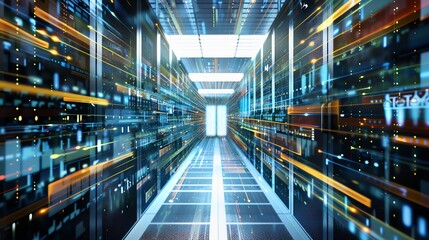 Obraz premium Futuristic data center with bright lights and fast-moving digital data streams, representing advanced technology and high-speed data transfer.
