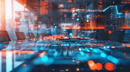 Futuristic digital technology interface with glowing elements and network structure, depicting advanced computing and data analysis.
