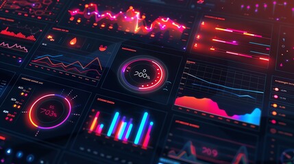 Futuristic data dashboard with vibrant graphs, charts, and statistics showcasing analytics in a high-tech digital interface.