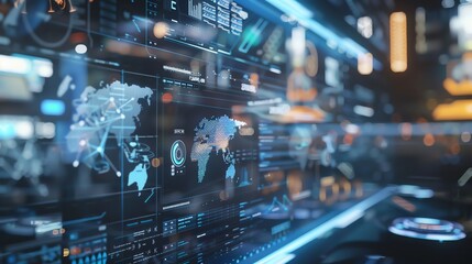 Futuristic digital interface showing data analytics and global maps, representing advanced technology and innovation in the modern world.