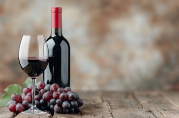 Obraz premium Red Wine Glass, Bottle, and Grapes on Wooden Table