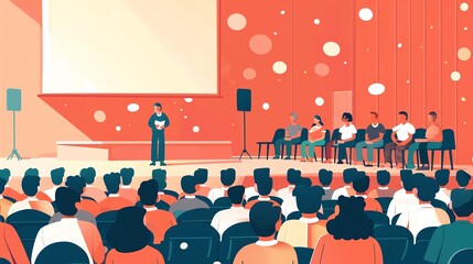 Illustration of a speaker presenting at a conference with an audience and panelists on stage, colorful backdrop.
