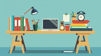 Illustration of a tidy workspace with a laptop, books, files, and office supplies on a wooden desk. Perfect for work-from-home themes.