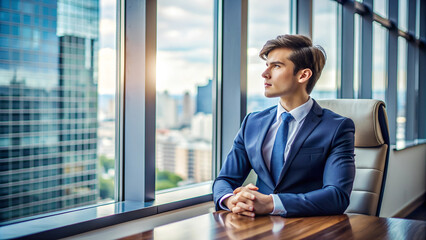 Fototapeta premium A young executive is sitting and looking out the window. determined eyes, The background is an office,