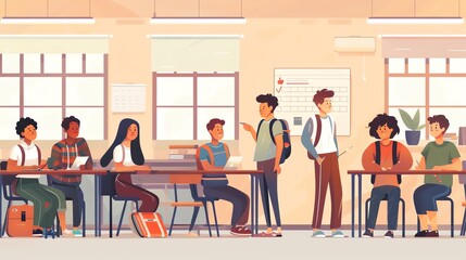 Illustration of diverse students engaging in classroom activities, fostering education and collaboration in a bright, welcoming environment.