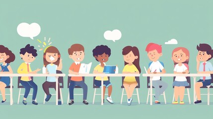 Illustration of diverse school children sitting in a row at a table, reading, writing, and using a laptop in a cheerful classroom setting.