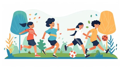 Illustration of happy children playing soccer in a park, embracing nature and outdoor activities, enjoying sports time together.