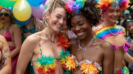2. A loving LGBTQ+ couple sharing a tender moment, holding hands and smiling at each other, surrounded by friends and allies wearing pride-themed outfits and accessories, set against a backdrop of a