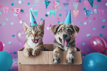 Adorable dog and cat celebrating a party with colorful decorations.