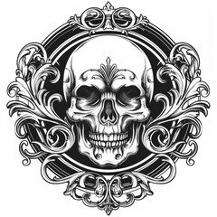 Intricate black and white skull illustration with ornate details and decorative flourishes, perfect for tattoo and design projects.