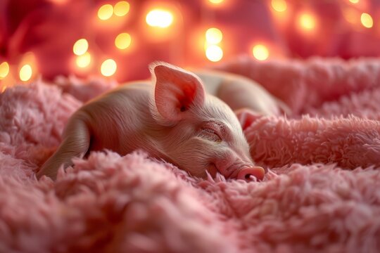 A tiny piglet sleeping peacefully on a soft, pink knitted blanket with warm, glowing lights in the background.