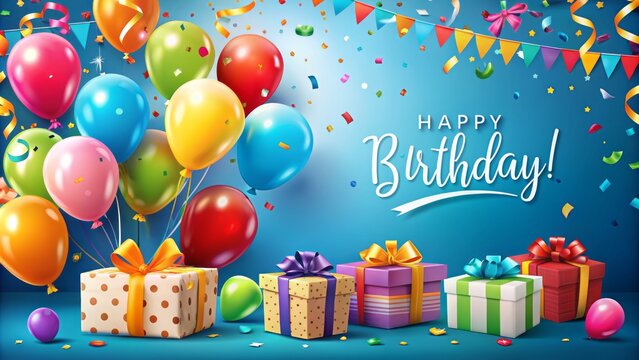 Vibrant balloons, wrapped gifts, and confetti surround a blank space awaiting a personalized message on a festive birthday card.