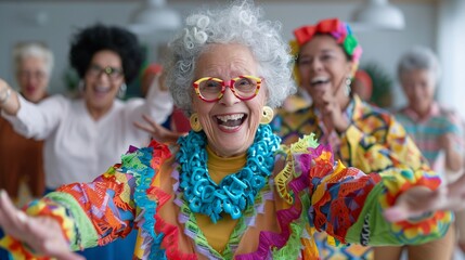 3. A vibrant group of older adults enjoying a dance class in a modern studio, their colorful outfits and enthusiastic expressions showcasing their energy