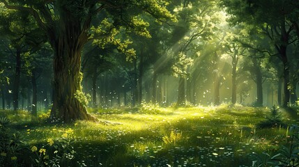 Obraz premium Sunlight filters through lush green forest, illuminating a serene meadow with trees and foliage, creating a magical nature scenery.