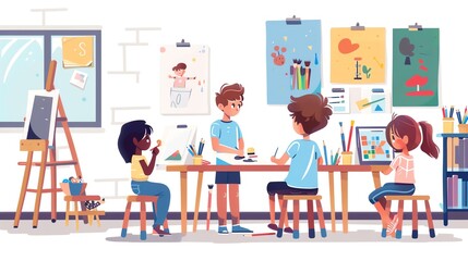 Fototapeta premium Kids engaged in a drawing class, surrounded by colorful artwork and craft materials in a bright, creative environment.