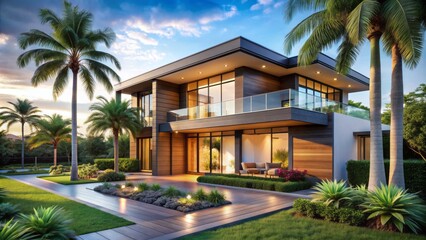 Luxurious modern villa with sleek lines, expansive windows, and lush tropical landscaping in sunny Florida's picturesque landscape, perfectly rendered.
