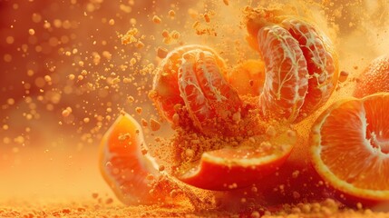 Mandarin chaos with an explosion of colors on a fuzzy orange background