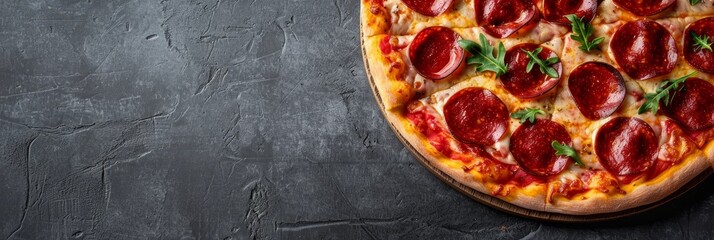 Delicious Pepperoni Pizza on Black Background - A close-up of a pepperoni pizza with melted cheese,...