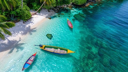 3. High-altitude capture of a tranquil coastline with turquoise waters gently lapping against a sandy beach, dotted with palm trees and small boats anchored near the shore
