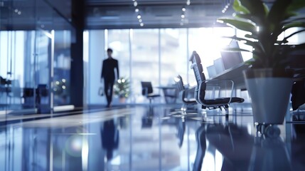 Modern office space with natural light, sleek design, and a professional setting. A person walking in the background adds dynamic motion.