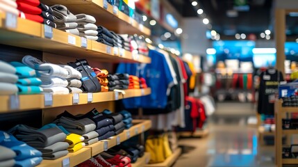 Neatly arranged clothes on shelves in a modern clothing store with bright lighting and a variety of apparel options for shoppers.