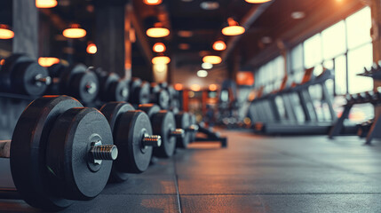 Dumbbells and gym equipment in a fitness club or sports center with a blurred background of a modern sports warehouse