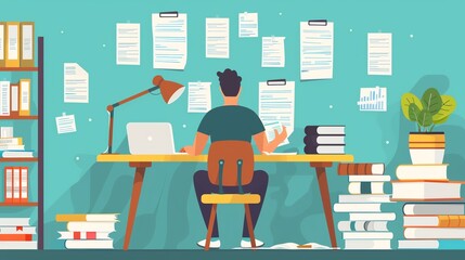 Person working at a desk in a cluttered office, surrounded by books and notes, focusing on tasks and research, conceptual illustration.