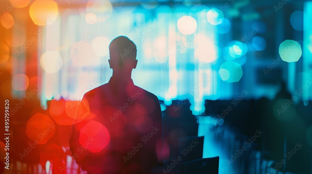 Poster silhouette of a person in a colorful, blurry background, creating a mysterious and abstract atmosphe