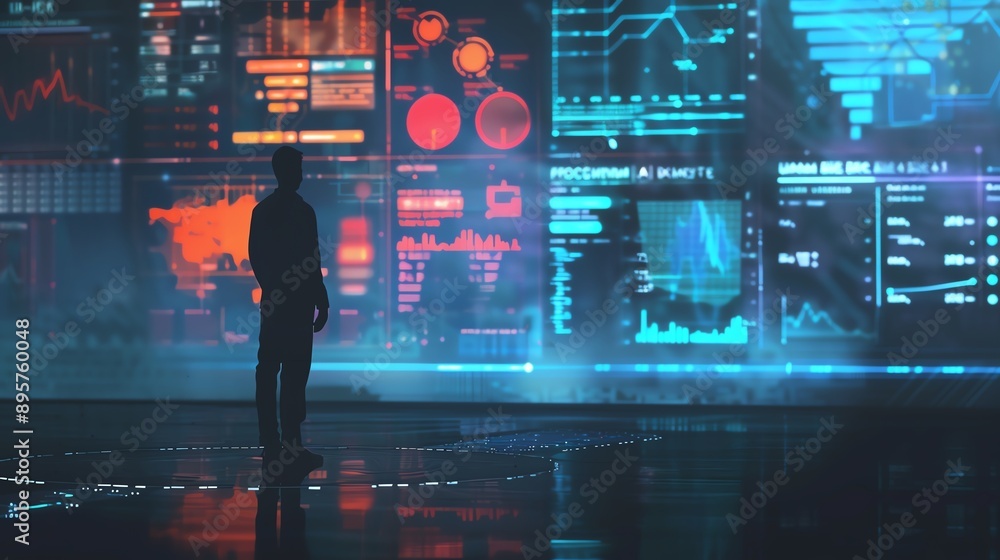 Poster silhouetted figure standing before futuristic digital screens with data and analytics, representing 