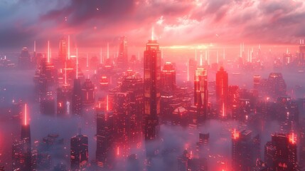 Fototapeta premium Futuristic neon skyline at dawn - generative ai