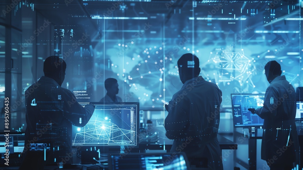 Poster team of professionals working in a futuristic control room with holographic technology, analyzing da