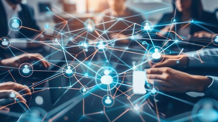 Team collaborating on a digital network with interconnected nodes, symbolizing teamwork, communication, and modern technology.