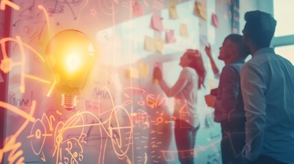 Naklejka premium Team brainstorming session with sticky notes on glass wall, illuminated by a light bulb, showcasing creativity and collaboration.