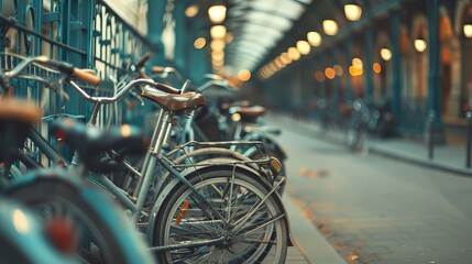 Bicycles lined up in a Parisian bicycle rental station, ready for use, with a picturesque urban backdrop.