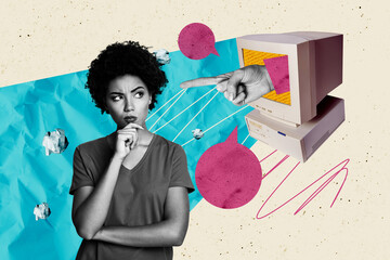 Composite trend artwork sketch image photo collage of copyspace young woman gesture finger point...