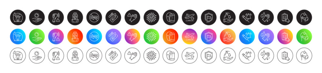 Vaccine announcement, Face biometrics and Wash hands line icons. Round icon gradient buttons. Pack of Covid test, Medical flight, Sick man icon. Stop stress, Nurse, Washing hands pictogram. Vector