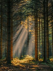 Fototapeta premium Sunlit rays passing through tall forest trees, highlighting nature's serene beauty in a tranquil woodland setting captured gorgeously.