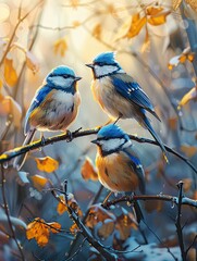 Obraz premium Three blue and yellow birds perched on branches with autumn leaves, bathed in warm sunlight, creating a vibrant and serene scene.