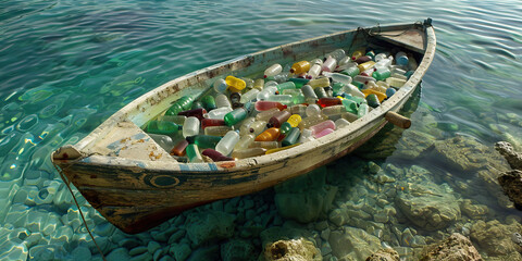 Fototapeta premium The Unsinkable Hope: An old rowboat, filled with colorful message bottles, floating in crystal clear water
