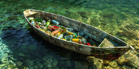 Fototapeta premium The Unsinkable Hope: An old rowboat, filled with colorful message bottles, floating in crystal clear water